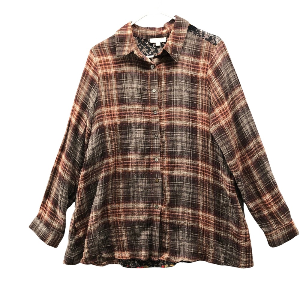 Oddi Plaid Button Down Shirt Womens L Mixed Media Floral Long Sleeve‎ Brown